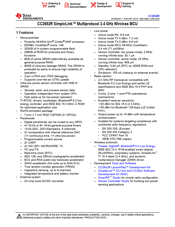 CC2652R datasheet PDF – Wireless MCU | Texas Instruments