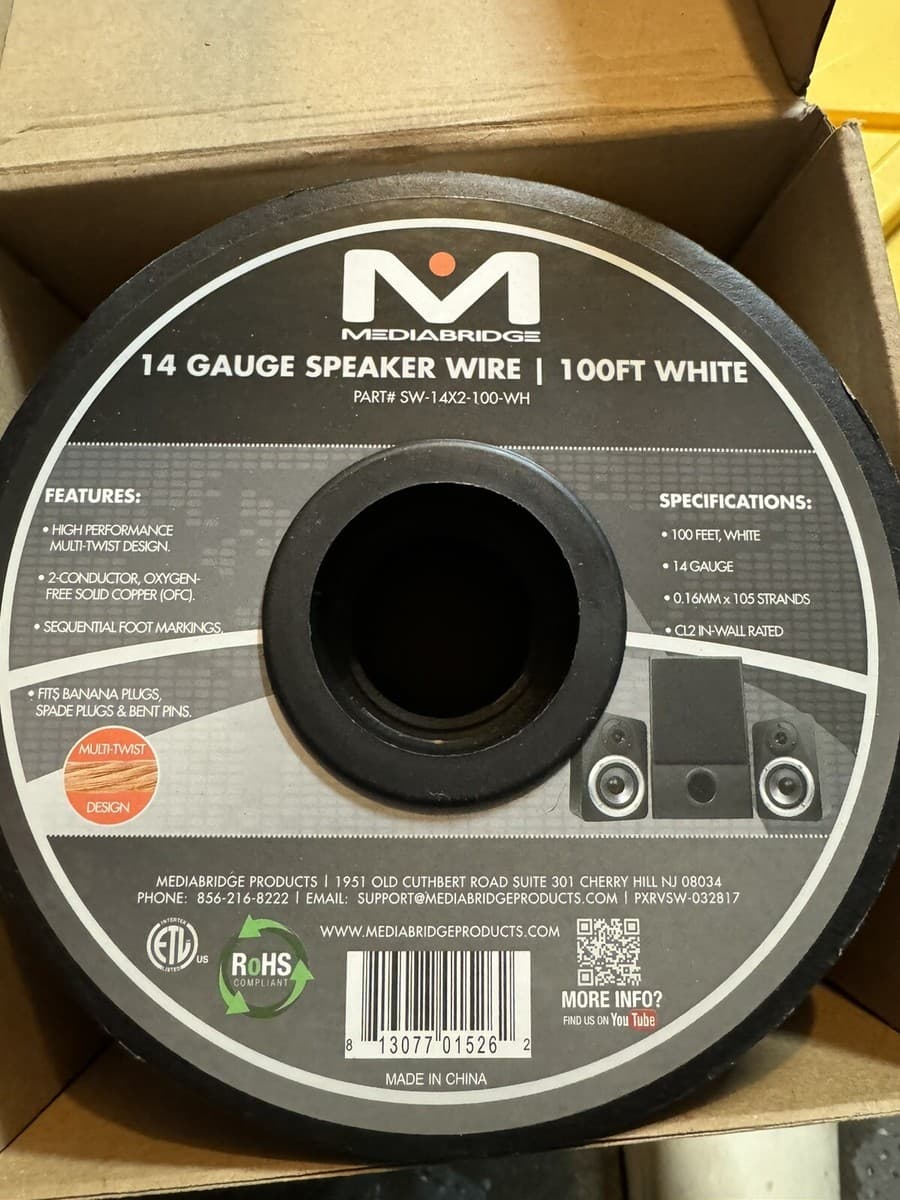 Mediabridge 2 Conductor Speaker Wire 14awg Strand Cooper White ...