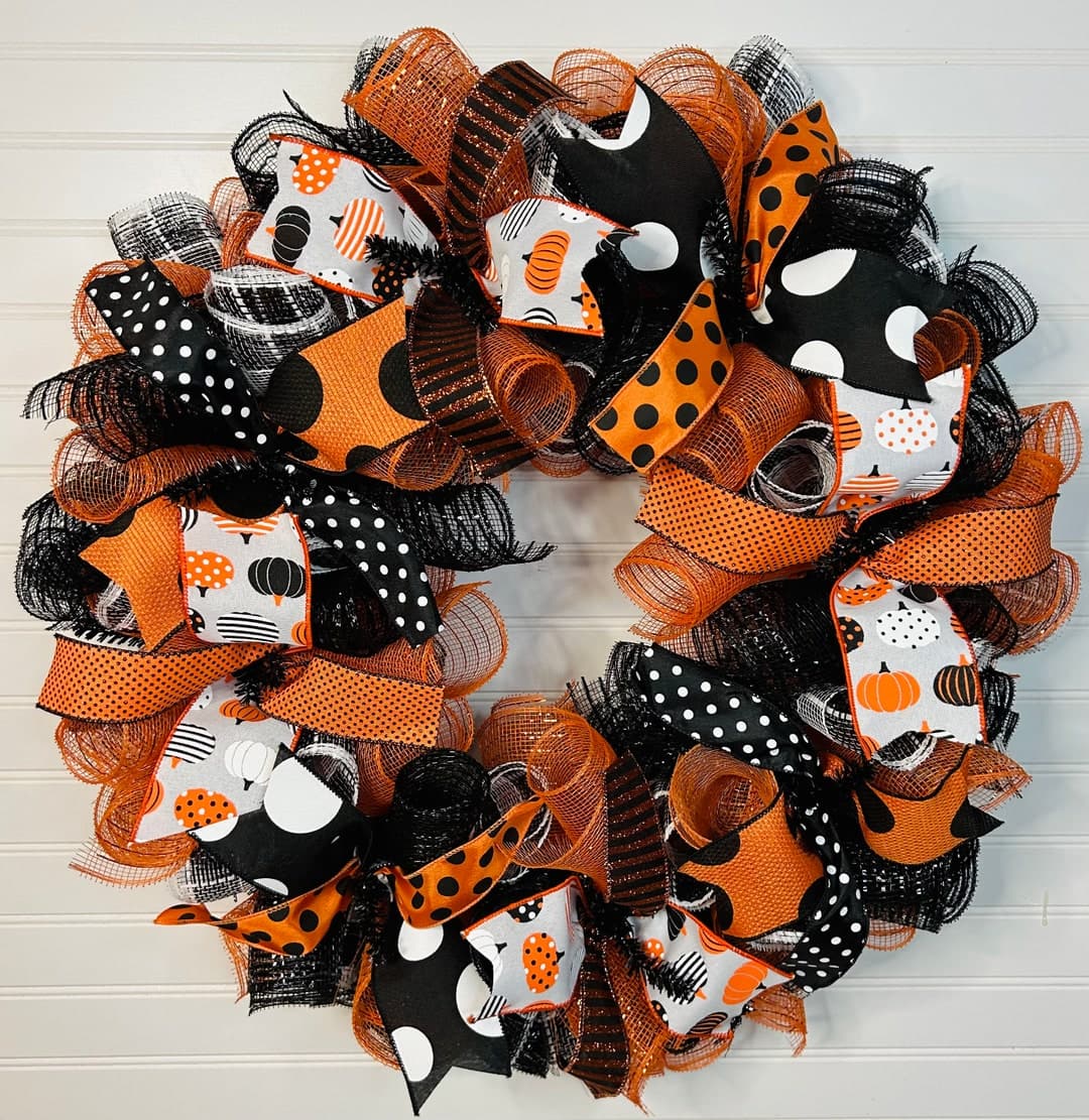 Halloween Orange and Black Deco Mesh Wreath/halloween Wreath/orange and ...