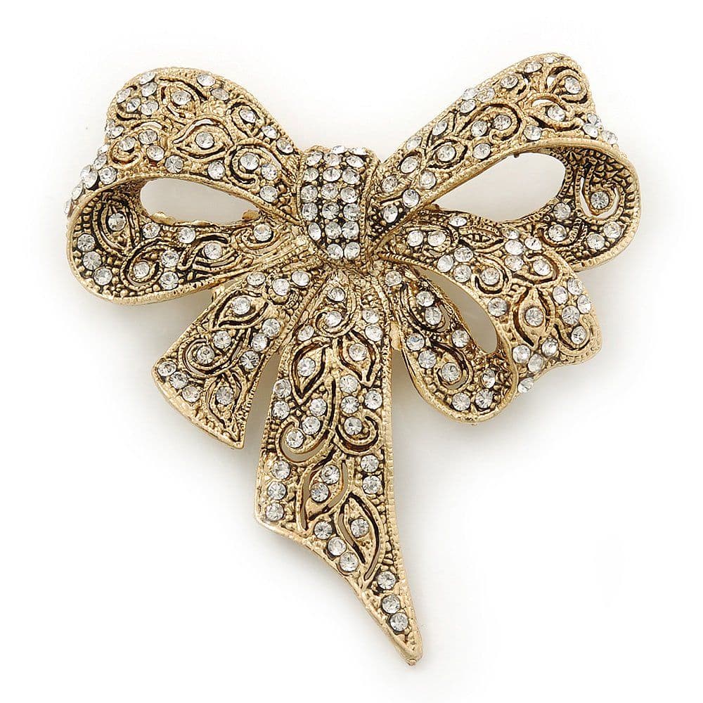 Swarovski Crystal 'Bow' Brooch In Gold Tone - 65mm Length | Brooch, Bow ...