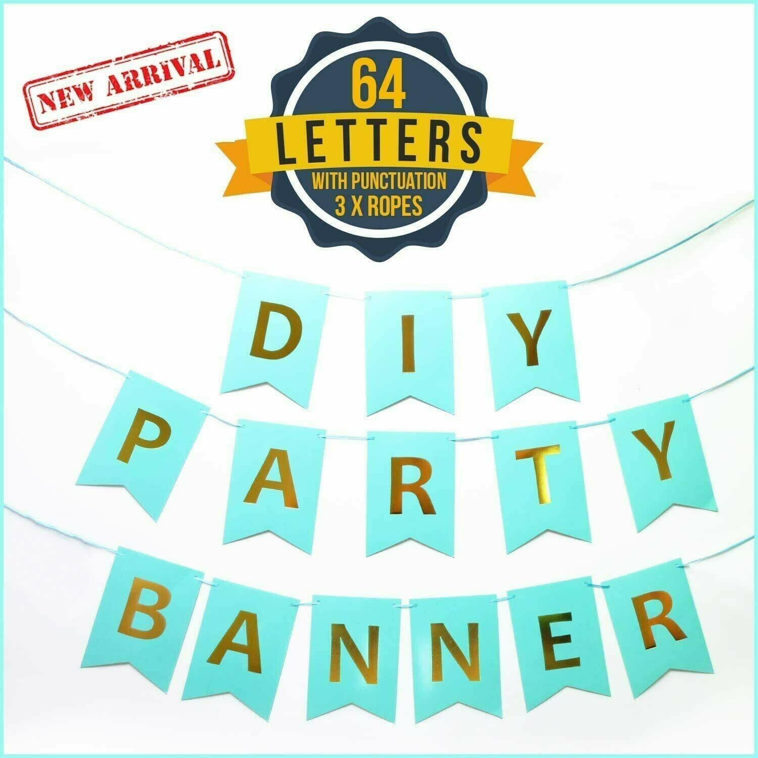 DIY Party Banner Letter Set w/Punctuation (64-Piece Kit) Reusable, Gold ...