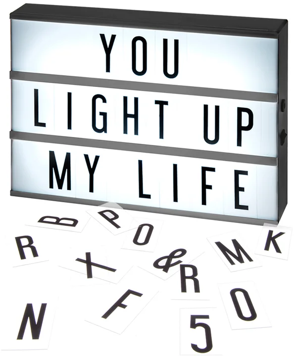 Original Cinema Lightbox: Backlit marquee with interchangeable letters.