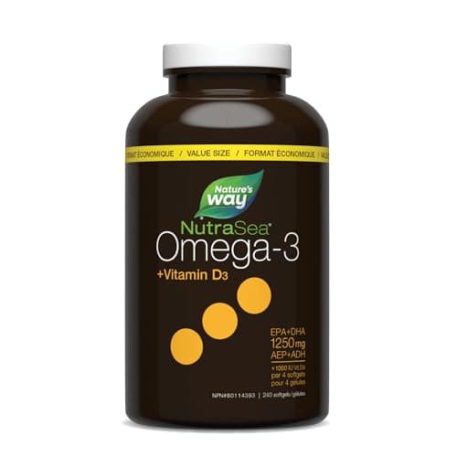 Nature's Way NutraSea Omega-3 and Vitamin D Soft Gels - Fish Oil Supplement with EPA and DHA – Support Heart and Brain Function, Help Build & Maintain Strong Bones and Teeth & Help Support Immune System – Lemon Flavour, 240 Softgels