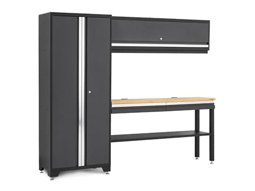 NewAge Products Bold Series Gray All-in-one 4pc Set, 30 in. Locker, Wall Cabinet, RTA Workbench with Bamboo Worktop, 24-Gauge Heavy Duty Steel Garage Storage Cabinets, 73501