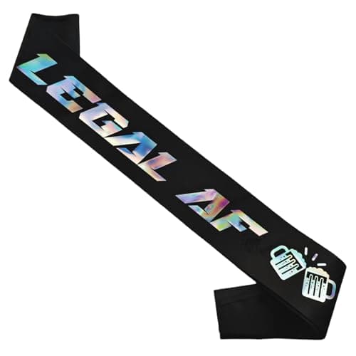 Decorit Legal Sash, Funny Finally 21st Birthday Party Sash, Bye Bye RIP Fake ID Party Decorations, I.D. ME, Legally Drunk Birthday Boy Girl King and Queen, Black Iridescent