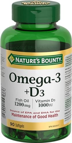 Nature's Bounty Omega 3 Fish Oil 1200mg plus Vitamin D3 1000IU Pills, Supplement, Helps in the Development and Maintenance of Bones, 90 Softgels