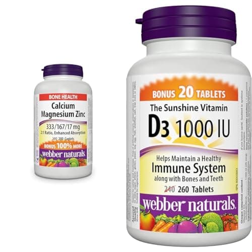 Webber Naturals Calcium with Magnesium and Zinc, 200 Caplets, Enhanced Absorption & Vitamin D3 1000 IU, 260 Tablets, For Healthy Bones, Teeth, and the Maintenance of Good Health