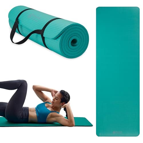 Gaiam Essentials Thick Yoga Mat Fitness & Exercise Mat With Easy-Cinch Carrier Strap, Teal, 72"gal X 24"W X 2/5 Inch Thick