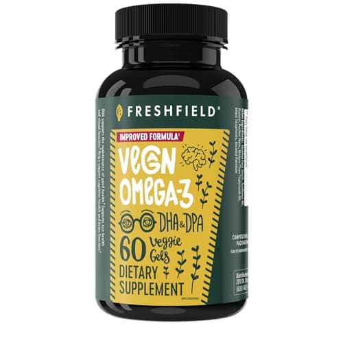 Freshfield Vegan Omega 3 DHA: Algae Oil, Most Reviewed, Carrageenan Free, Sustainably Sourced, Tested, No Heavy Metals, Fish Oil Alt, Plant Based Omega. Supports Heart, Brain, Joint Health w/DPA