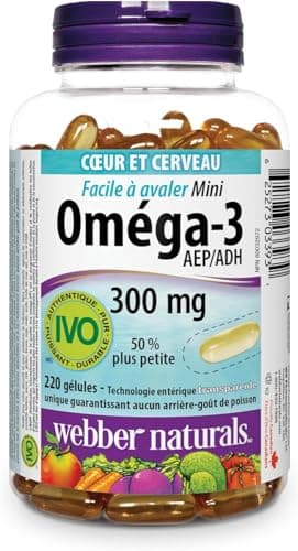 Webber Naturals Omega-3 300 mg Mini, 220 Clear Enteric No Fishy Aftertaste Mini Softgels, Supports Cardiovascular Health and Brain Function