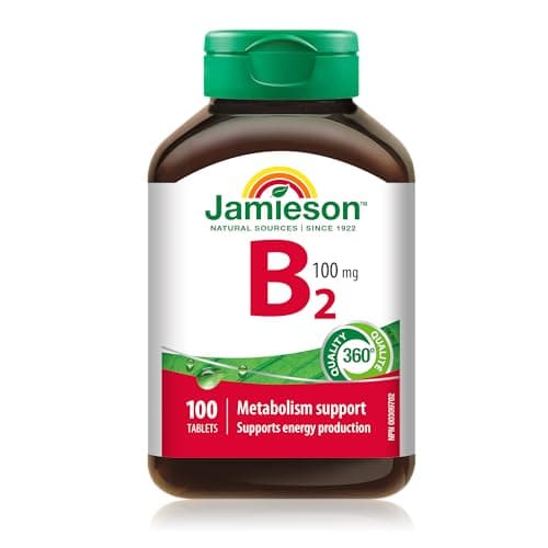 Jamieson Vitamin B2 Riboflavin 100 mg Tablets, Metabolism Support, Supports Energy Production, and Healthy Red Blood Cells. Vegetarian, Gluten-Free, No Artificial Flavours, Colours, or Preservatives, 100 Count, Proudly American
