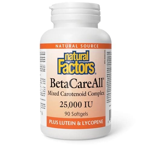 Natural Factors BetaCareAll Complex 25000 IU, 90 Softgels, EYE HEALTH, Beta-Carotene, Alpha-Carotene, Lycopene, Lutein, Zeaxanthin, Helps Support Vision Health, Healthy Skin, Bones, Teeth & Immune Function, Proudly American