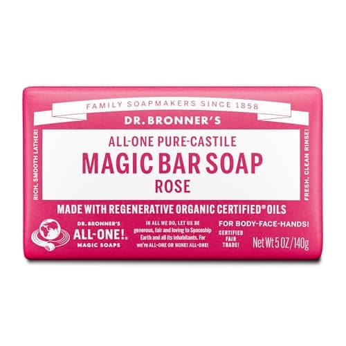 Dr. Bronner’s - Pure-Castile Bar Soap (Rose, 140g, 6-Pack) - Made with Organic Oils, For Face, Body and Hair, Gentle and Moisturizing, Biodegradable, Vegan, Cruelty-free, Non-GMO