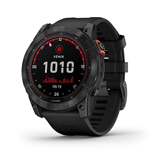Garmin Fenix 7X Sapphire Solar, Larger Adventure smartwatch, with Solar Charging Capabilities, Rugged Outdoor Watch with GPS, Touchscreen, Wellness Features, Carbon Gray DLC Titanium with Black Band