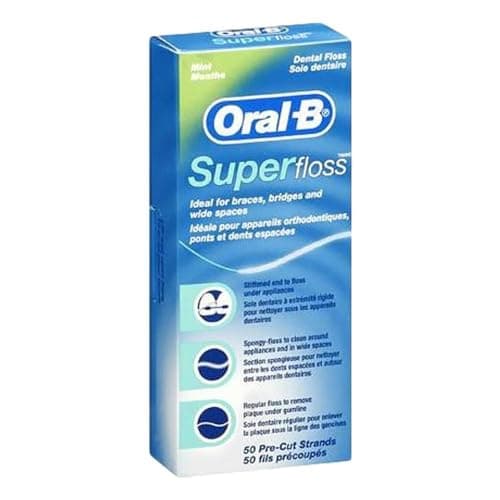 Oral-B Super Floss Pre-Cut Strands, Ideal for Braces, Bridges, and Wide Spaces, 50 Count Pack (2 Pack)