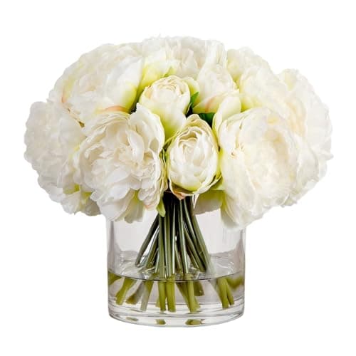 Nearly Natural Peony Silk Arrangement in Glass Vase