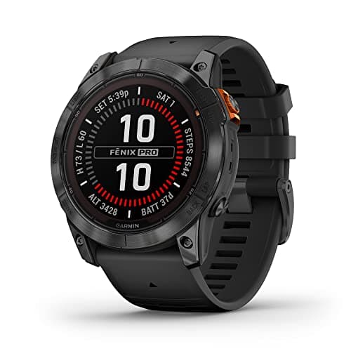 Garmin Fenix 7X Sapphire Solar, Larger Adventure smartwatch, with Solar Charging Capabilities, Rugged Outdoor Watch with GPS, Touchscreen, Wellness Features, Carbon Gray DLC Titanium with Black Band