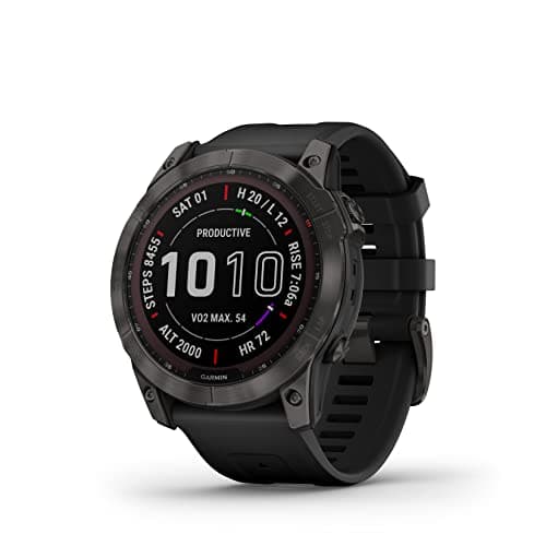 Garmin Fenix 7X Sapphire Solar, Larger Adventure smartwatch, with Solar Charging Capabilities, Rugged Outdoor Watch with GPS, Touchscreen, Wellness Features, Carbon Gray DLC Titanium with Black Band