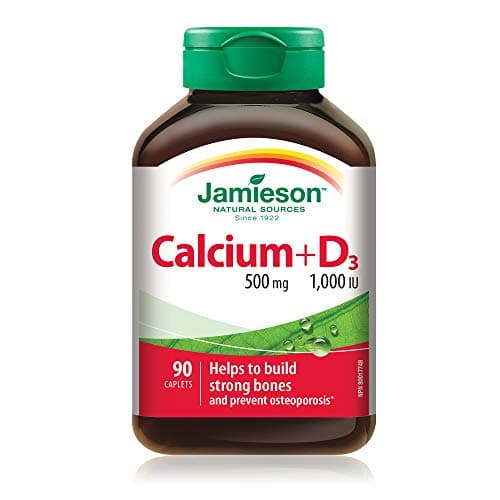 Jamieson Calcium 500 mg with Vitamin D3 1,000 IU, High Absorption, Supports Bone Health, Helps Prevent Osteoporosis and Bone Loss. Easy to Swallow, Vegetarian, Non-GMO, Gluten-Free, 90 Caplets, Proudly American