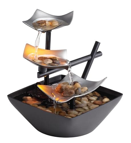 HoMedics Indoor 3-Tier Relaxation Tabletop Fountain, Automatic Pump with Power Switch, Extra Deep Basin with Natural River Rocks and Reflective Lighting Feature, EnviraScape Silver Springs