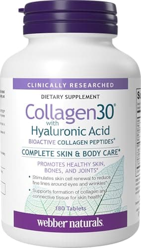 Webber Naturals Collagen30 with Hyaluronic Acid, Bioactive Collagen Peptides, 180 Tablets, Helps Reduce Joint Pain, Eye Wrinkles and Fine Facial Line