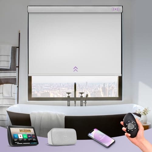Graywind Motorized Roller Shade Blinds Blackout Shades Cordless Waterproof Remote Control Window Automated Blinds with Valance Custom Size for Smart Home and Office (White)
