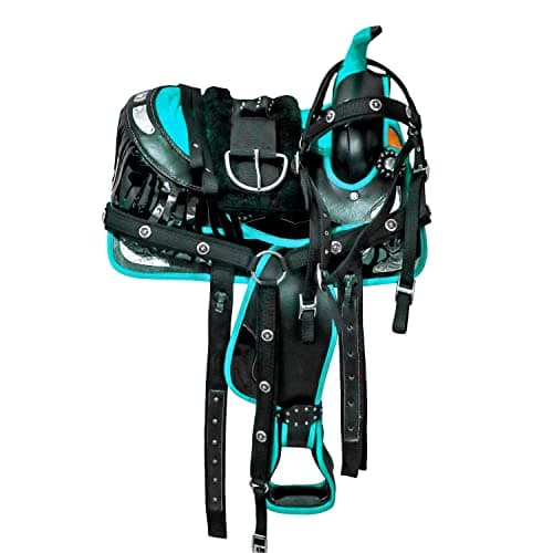 Adult Classic Quality Handmade Synthetic Premium Comfort Western Barrel Racing Trail Equestrian Horse Saddle Tack Size 14" to 18" inches Seat Available (Turquoise Style, 15" inches Seat)