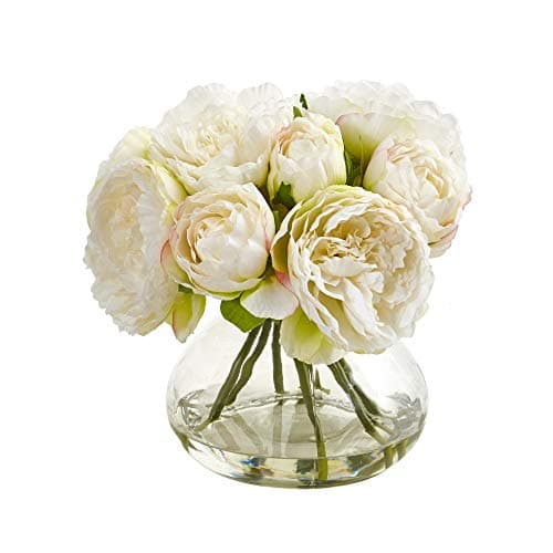 Nearly Natural Peony Silk Arrangement in Glass Vase
