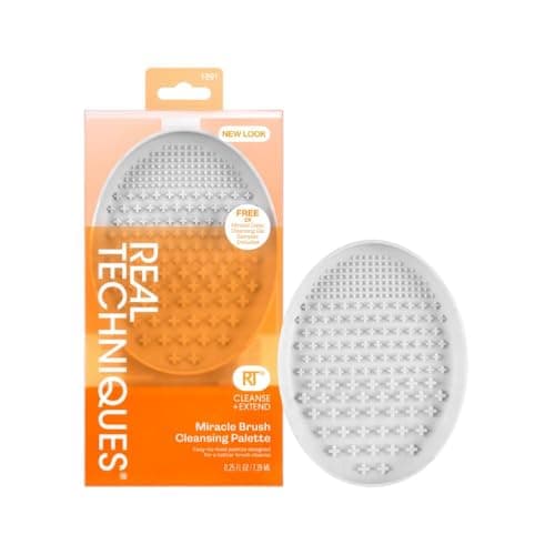 Real Techniques Professional Textured Makeup Brush Cleaner Mat with Brush Cleansing Gel for Fast & Easy Use, Removes Makeup and Oil, Mess Free, Cruelty Free & Vegan, Extends Brush Life, Grey, 3 Piece
