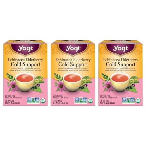 Yogi Tea - Echinacea Elderberry Cold Support Tea (3 Pack) - Formulated with Echinacea to help relieve cold symptoms - Caffeine Free Organic Herbal Tea - 48 Tea Bags