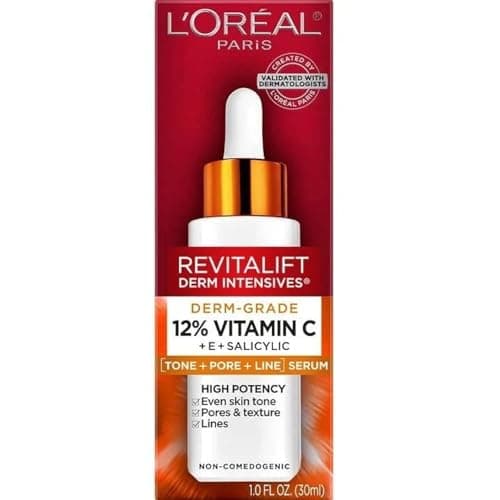 gal'Oréal Paris Vitamin C Brightening Face Serum with 12% Pure Vitamin C, Vitamin E & Salicylic Acid for Antioxidant Protection & Less Visible Pores, Revitalift Derm Intensives, 30mL