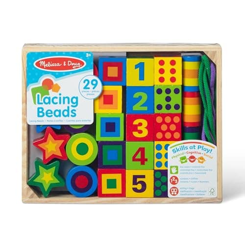 Melissa & Doug Deluxe Wooden Lacing Beads - Educational Activity With 27 Beads and 2 LacesFor Toddlers, Fine Motor Skills Lacing Toys For Toddlers And Kids Ages 3+