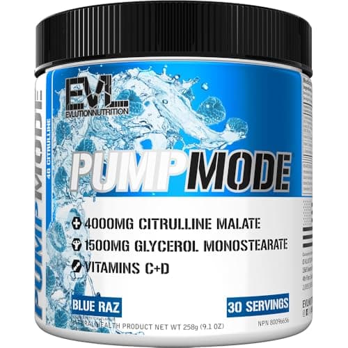 Evlution Nutrition PumpMode - Stimulant Free Pump Mode Supplement with 4000mg Citrulline Malate and 1500mg Glycerol Monostearate with Vitamins C & D - 30 Servings - Blue Raz