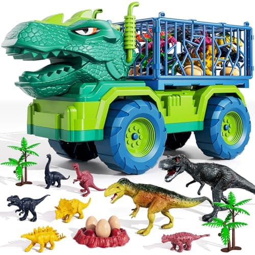 TEMI Dinosaur Truck Toys for Kids 3-5 Years, Tyrannosaurus Transport Car Carrier Truck with 8 Dino Figures, Activity Play Mat, Dinosaur Eggs, Capture Jurassic Dinosaur Play Set for Boys and Girls