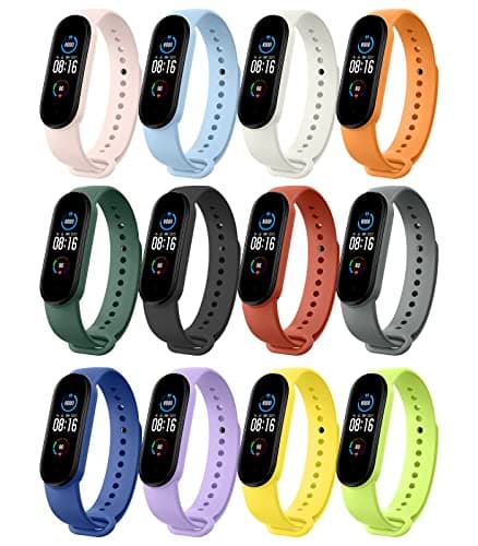 MoKo Watch Band Compatible with Xiaomi Mi Band 7/Mi Band 6/Mi Band 5/Amazfit Band 5 Fitness Tracker, 12 Colors Set Soft Silicone Replacement Strap Adjustable Sport Wristband for Men Women
