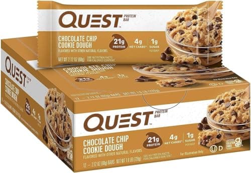 Quest Nutrition Chocolate Chip Cookie Dough Flavour Protein Bar, High Protein, High Fibre, Low Sugar, Keto Friendly, 21g Protein, 1g Sugar, 12ct