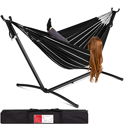 Best Choice Products 2-Person Indoor Outdoor Brazilian-Style Cotton Double Hammock Bed w/Carrying Bag, Steel Stand - Onyx