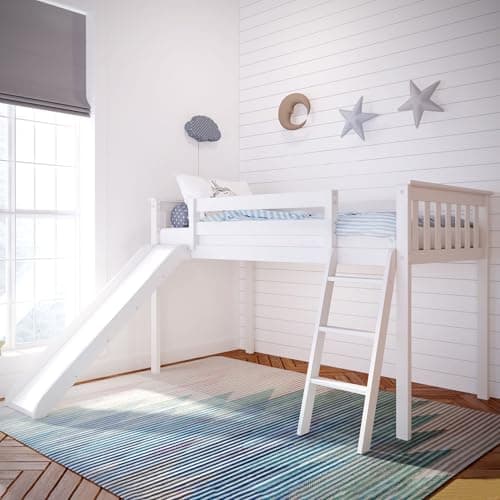 Max & Lily 180213-002 Solid Wood Twin-Size Low Loft Bed with Slide, White