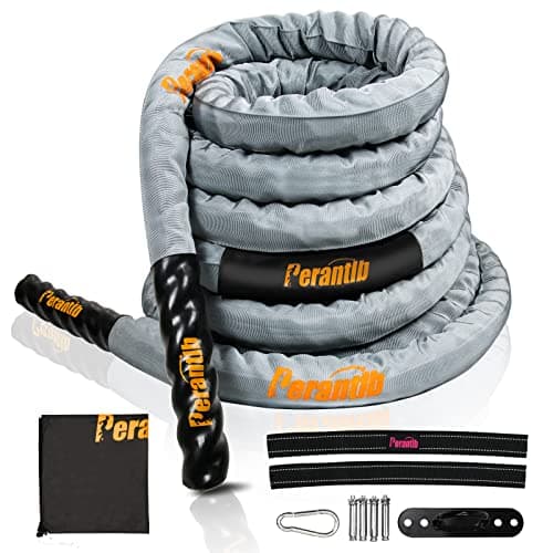 Perantlb Poly Battle Rope with Cloth Sleeve -1.5/2 Inch Diameter 30' 40' 50' Lengths -Gym Muscle Toning Metabolic Workout Fitness, Battle Rope Anchor Strap Kit Included (1.5" x 30 ft Length)…