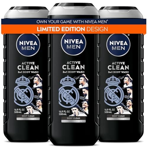 NIVEA MEN Active Clean Body Wash | 3-in-1 Men Shower Gel (Body, Face & Hair), 3x500mL