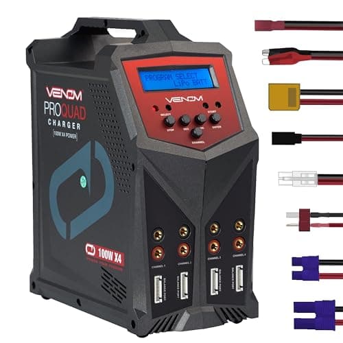 Venom Pro Quad 400 Watt (100W x 4) 7 Amp 4-Port AC/DC Multi-Chemistry LiPo, LiHV, NiMH Battery Balance Charger with Two 5V 2.3A USB Outputs with XT60, Deans, HXT, Tamyia, EC3, JST