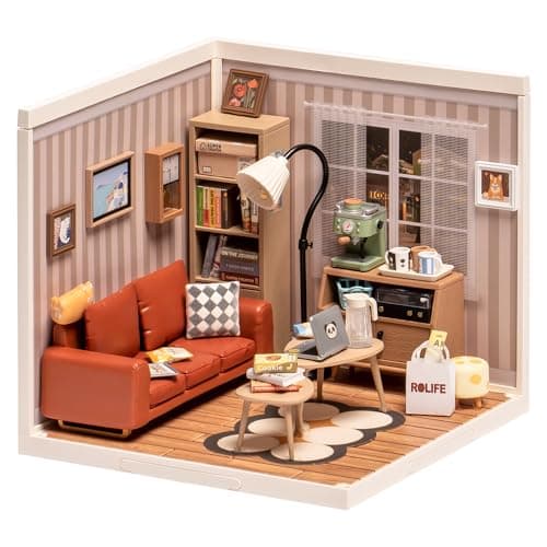 ROBOTIME Miniature House Kit DIY Plastic House Building Block Toy Set with LED Tiny Store Making Kit Model Craft Hobby Birthday (Cozy Living Lounge)