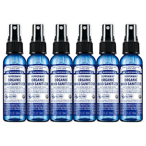Dr. Bronner's - Organic Hand Sanitizer Spray (Peppermint, 59 mL, 6-Pack) - Simple and Effective Formula, Cleanses & Sanitizes, No Harsh Chemicals, Moisturizes and Cleans Hands