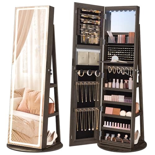 SONGMICS LED Mirror Jewelry Cabinet Standing Jewelry Armoire Organizer ...