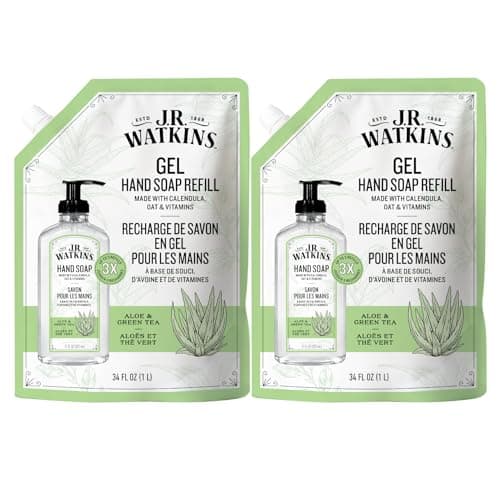 J.R. Watkins Aloe and Green Tea Gel Hand Soap Refill Pouch, Scented Liquid Hand Wash for Bathroom or Kitchen, USA Made and Cruelty Free, 1 Liter