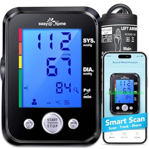 Blood Pressure Machine for Home Use: Easy@Home Upper Arm Automatic Blood Pressure Monitor - 3 Color Backlit Hypertension Display & 22-42 cm Large Cuff, NOT Bluetooth Enabled – Supports Free MyHeartPal App Scan | EBP-095 Black
