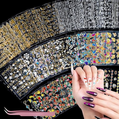 Teenitor 12 Sheets Nail Art Sticker 3D Self-Adhesive, Nail Art Decoration with 5 Boxes Holographic Nail Art Glitter Flakes Butterfly Heart Star Maple Leaf Nail Sequins and Nail Art Flower Slices