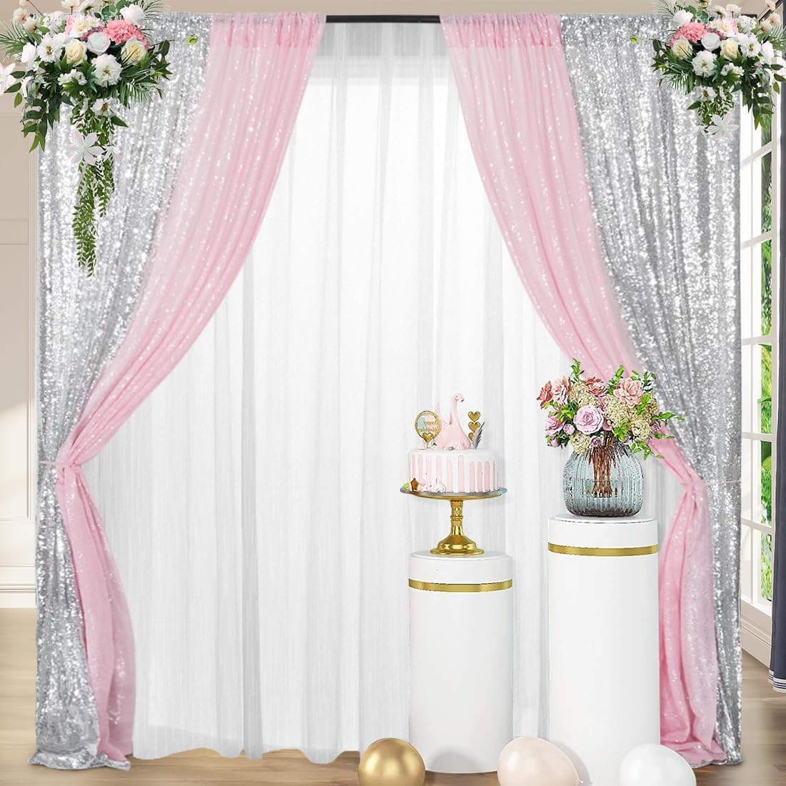Amazon.com : Juya Delight 4 Panels Silver&Pink Sequin Backdrop Curtain ...