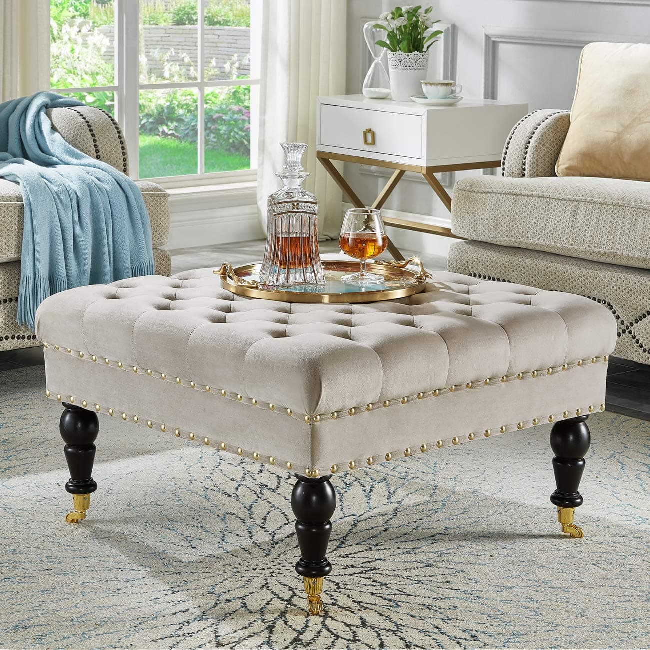 24KF Large Square Upholstered Tufted Button Velvet Ottoman Coffee Table ...