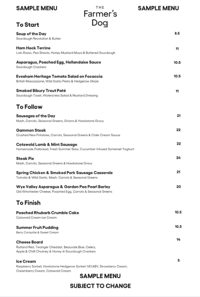 The Farmer’s Dog Pub full menu online